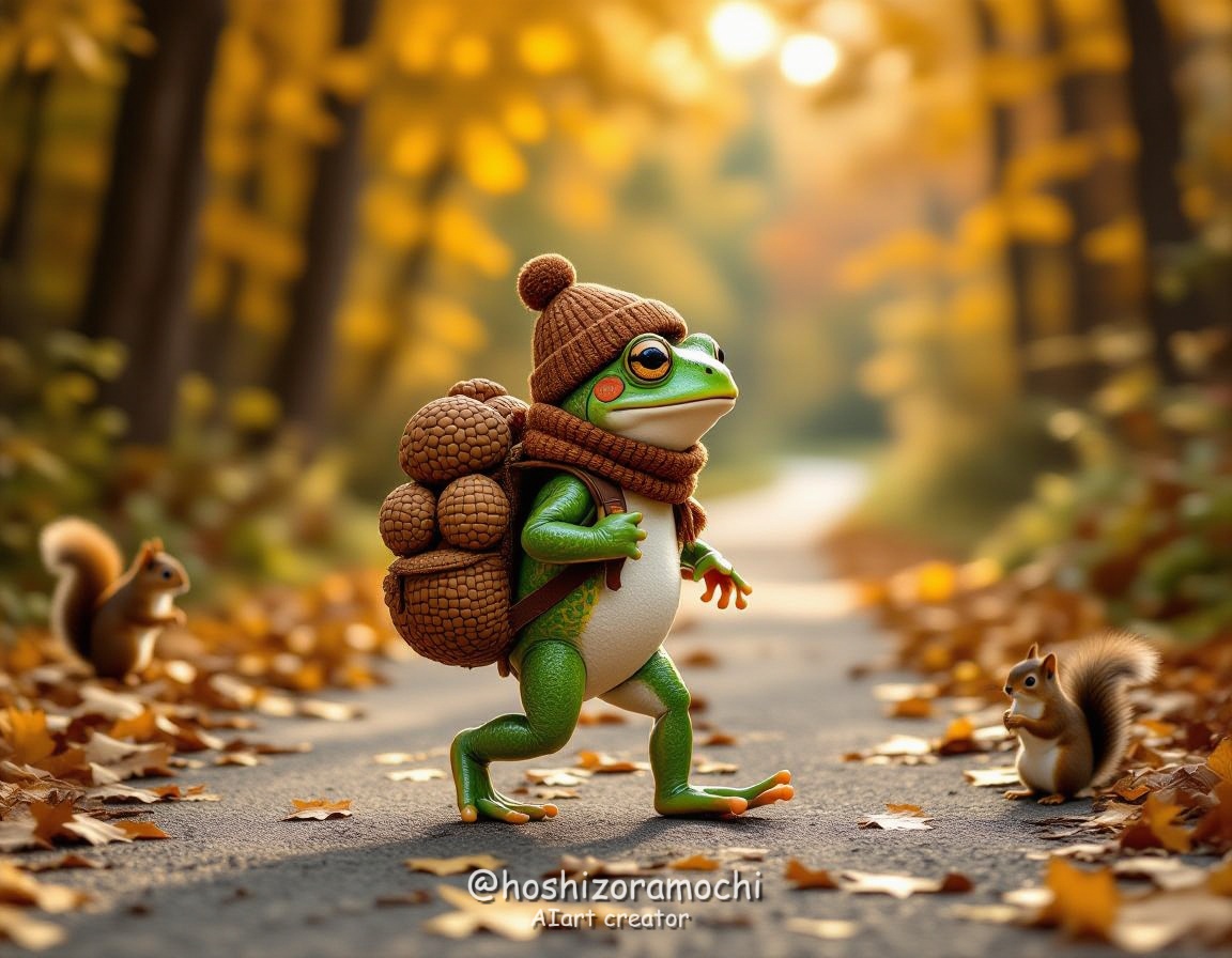 木の実リュック背負ってお散歩、てくてく森のガマちゃん / A forest frog takes a walk with a nut ...